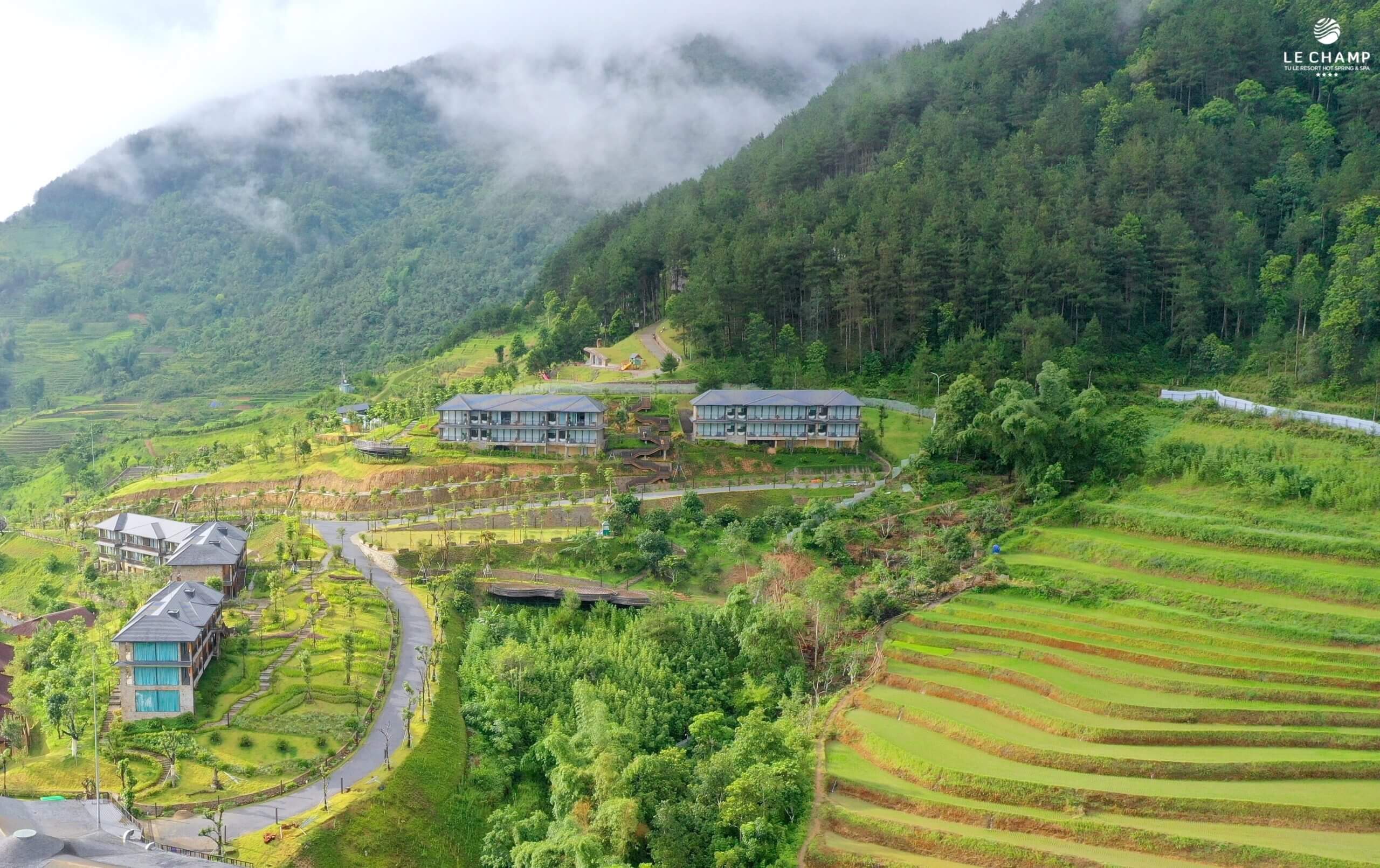 Khu nghỉ dưỡng trên núi với ruộng bậc thang xanh mướt và rừng cây phủ mờ sương, tạo không gian thanh bình.