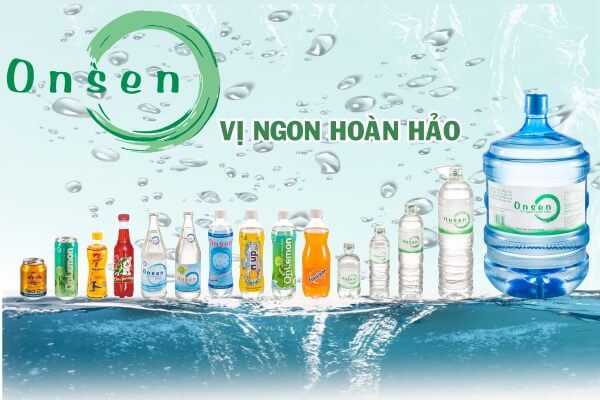 Dòng sản phẩm nước uống Onsen với slogan Vị ngon hoàn hảo trên nền nước sủi bọt.