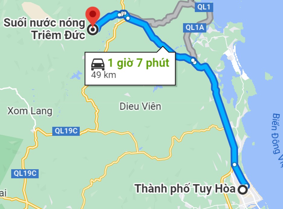 Bản đồ lộ trình từ Tuy Hòa đến suối nước nóng Triêm Đức, khoảng cách 49 km, thời gian di chuyển 1 giờ 7 phút.