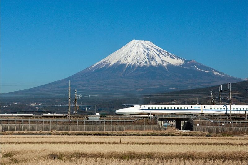 Tàu cao tốc Shinkansen chạy qua dãy núi Phú Sĩ dưới bầu trời xanh ở Nhật Bản.