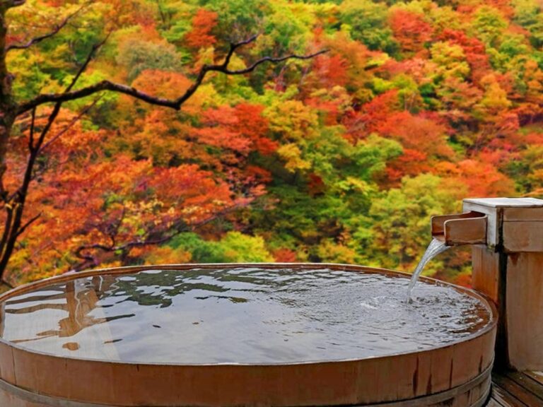 Bồn tắm onsen Nhật Bản với phong cảnh mùa thu lá đỏ và vàng, tạo không gian thư giãn và gần gũi với thiên nhiên.